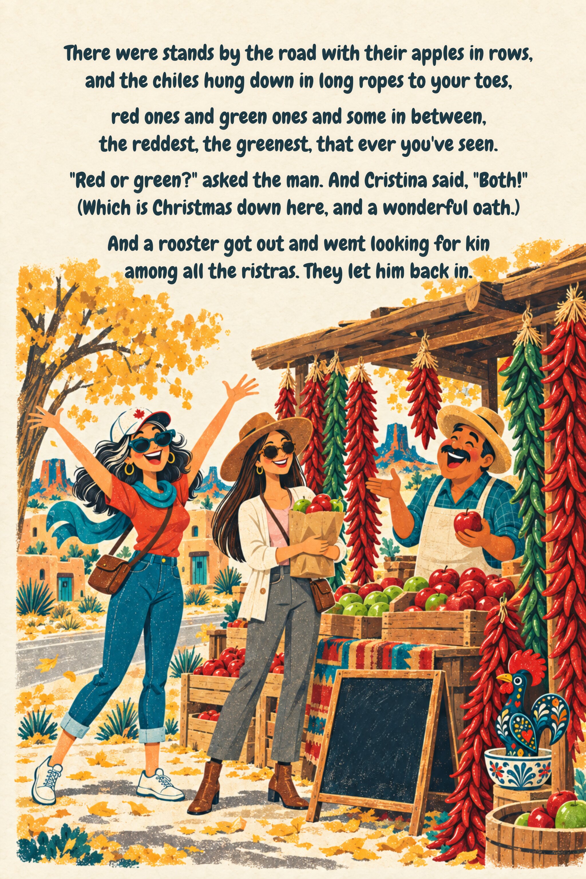 Page 4: The fruit stands at Velarde. Illustrated verse; full text follows.